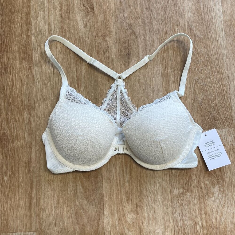AUDEN LACE BRA FRONT CLASP RACERBACK DEMI COVERAGE OFF WHITE WOMEN'S NWT